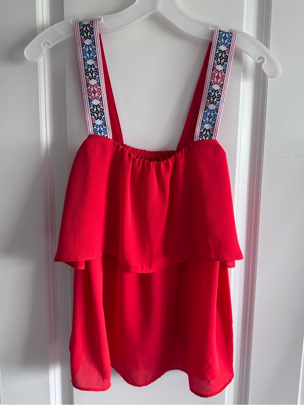 J.Crew sleeveless chiffon camisole layered ruffle overlay, wide patterned strap